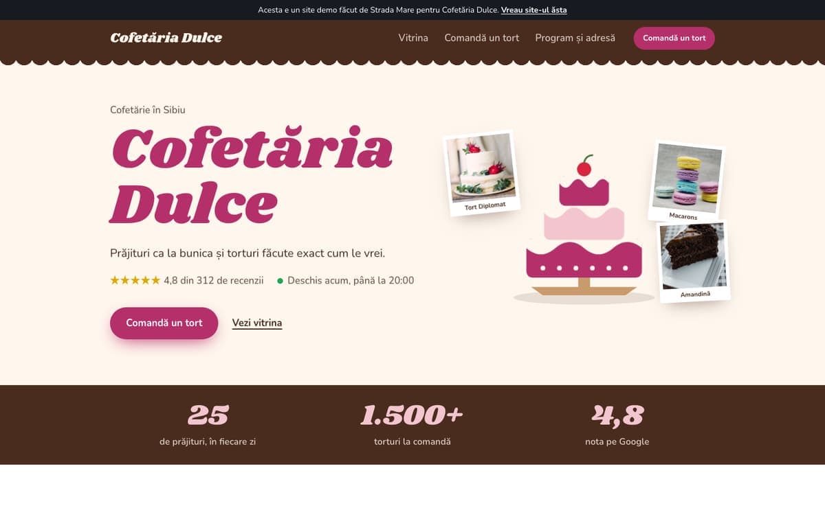 Site demo pentru cofetărie, pe calculator
