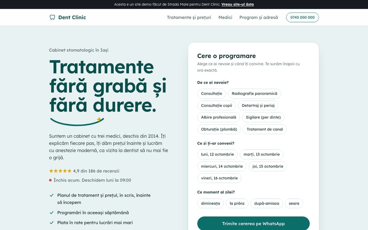 Site demo pentru cabinet dentar, pe calculator
