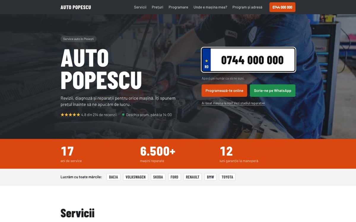 Site demo pentru service auto, pe calculator