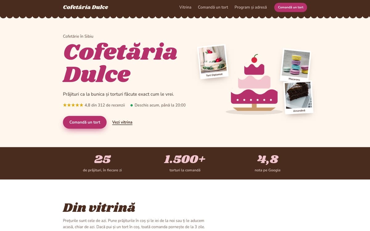 Site demo pentru cofetărie, pe calculator