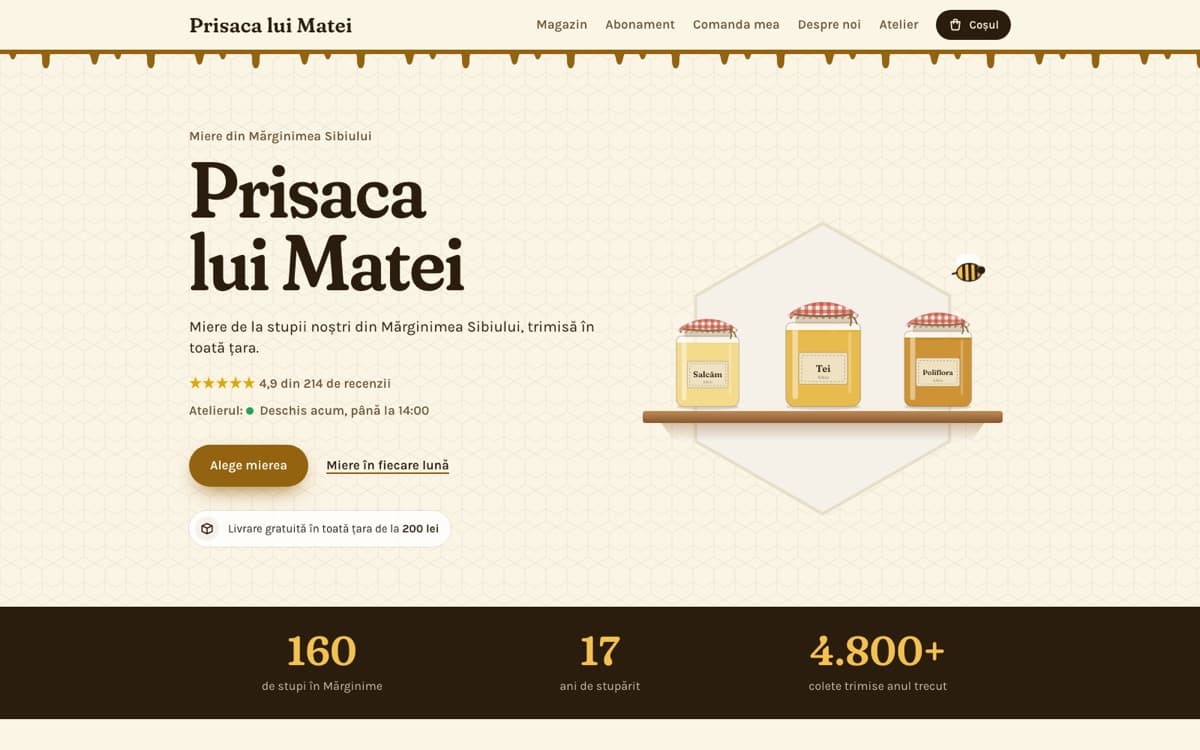 Site demo pentru magazin online de miere, pe calculator
