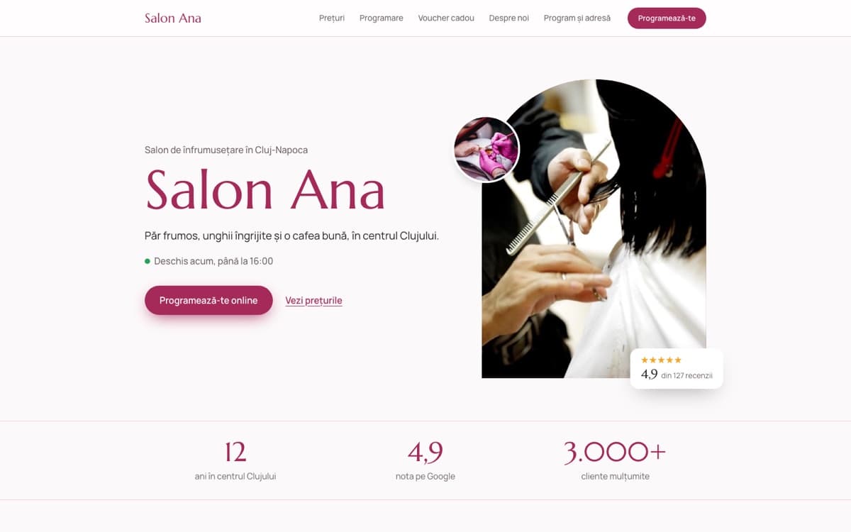 Site demo pentru salon de înfrumusețare, pe calculator